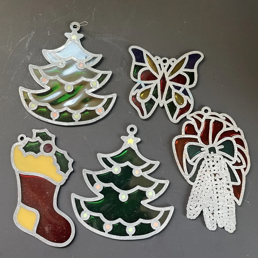 Vtg Lot of 5 Faux Stained Glass Sun‎ Catcher Christmas Window Ornaments Tree
